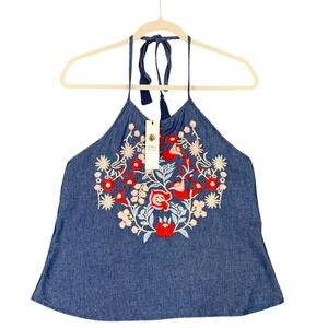 HWA Apparel Halter Top Size L Floral Denim Coastal Cowgirl Blouse Festival Fairy